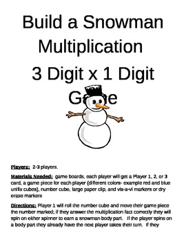 Preview of Build a Snowman Multiplication 3 Digit x 1 Digit Game