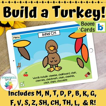 Preview of Thanksgiving Articulation Activity Build a Turkey Boom Cards™ Speech Therapy