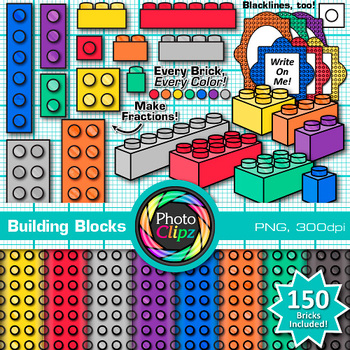 Preview of Building Blocks Clipart & Digital Paper: 166 Rainbow Bricks Clip Art, PNG B&W