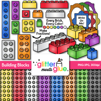 Preview of Building Blocks Clipart & Digital Paper: 166 Rainbow Glitter Bricks Clip Art PNG