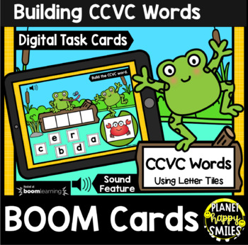 Preview of Building CCVC Words with Letter Tiles BOOM Cards:  Spring Frogs Theme
