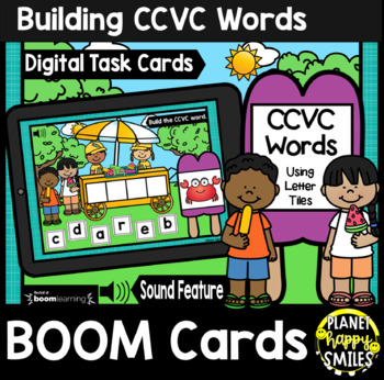 Preview of Building CCVC Words with Letter Tiles BOOM Cards:  Summer Popsicle Cart Theme