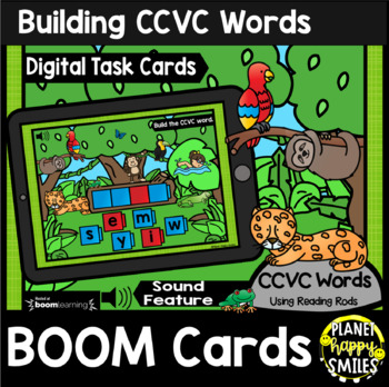 Preview of Building CCVC Words with Reading Rods BOOM Cards:  Rainforest Animals Theme