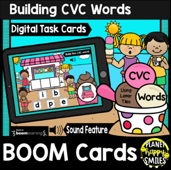 Preview of Building CVC Words Letter Tiles BOOM Cards: Summer Ice Cream at the Beach Theme
