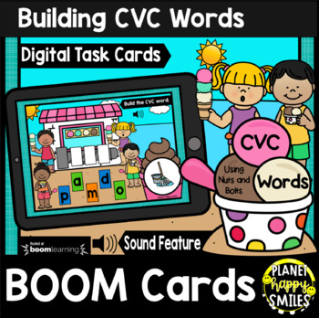 Preview of Building CVC Words Nuts & Bolts BOOM Cards: Summer Ice Cream at the Beach Theme