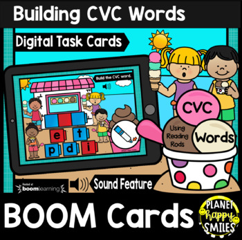 Preview of Building CVC Words Reading Rods BOOM Cards: Summer Ice Cream at the Beach Theme