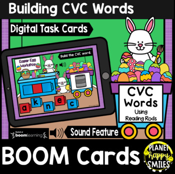 Preview of Building CVC Words with Reading Rods BOOM Cards:  Easter Egg Workshop Theme