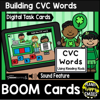 Preview of Building CVC Words with Reading Rods BOOM Cards:  St. Patrick's Day Theme