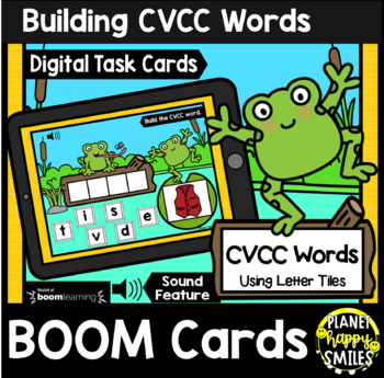 Preview of Building CVCC Words with Letter Tiles BOOM Cards:  Spring Frogs Theme