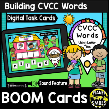 Preview of Building CVCC Words with Letter Tiles BOOM Cards:  Summer Snow Cone Shop Theme