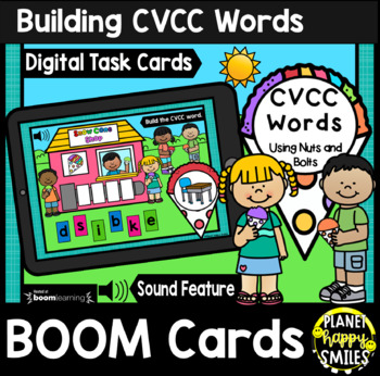 Preview of Building CVCC Words with Nuts and Bolts BOOM Cards:  Summer Snow Cone Shop Theme
