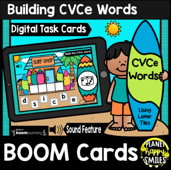 Preview of Building CVCe Words with Letter Tiles BOOM Cards: Summer Surf Shop Theme