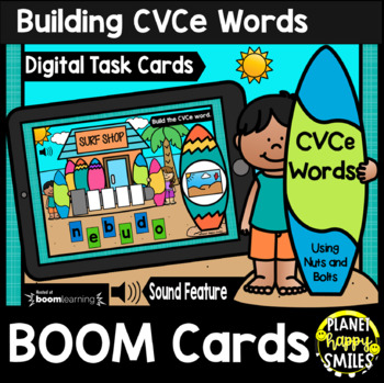 Preview of Building CVCe Words with Nuts and Bolts BOOM Cards: Summer Surf Shop Theme