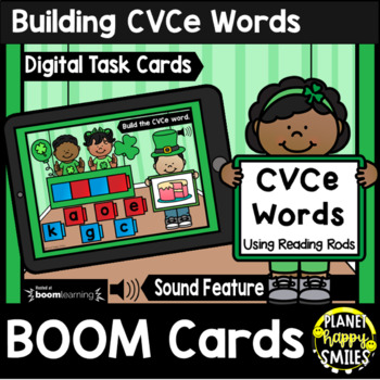 Preview of Building CVCe Words with Reading Rods BOOM Cards:  St. Patrick's Day Theme