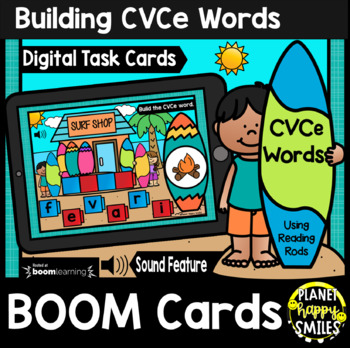 Preview of Building CVCe Words with Reading Rods BOOM Cards: Summer Surf Shop Theme