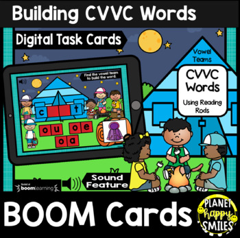 Preview of Building CVVC Words with Reading Rods BOOM Cards:  Summer Backyard Camping Theme