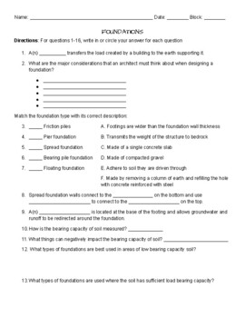 Preview of Building Foundations- Guided Notes Worksheet, Architecture, Building Trades