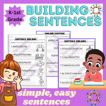 Preview of Sentence Building / Building sentences practice worksheets for Kindergarten, 1st