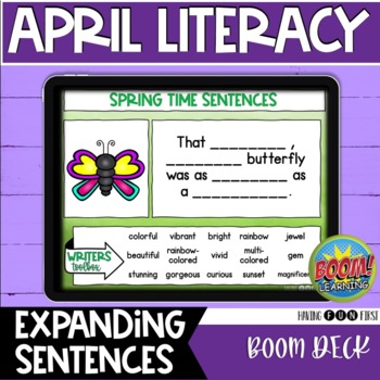 Preview of Building Sentences | Spring Boom Cards Literacy Center | Verbs Adjectives Nouns