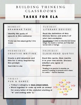 Building Thinking Classrooms - ELA Tasks - 5 Day Plan [Week 3] | TPT