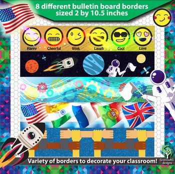 Preview of Bulletin Board Borders  - Emoji, Flag, Space, Math, Gears, & more!