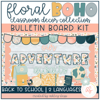 Preview of Bulletin Board Kit | Floral Boho Decor | Back to School | English & Spanish