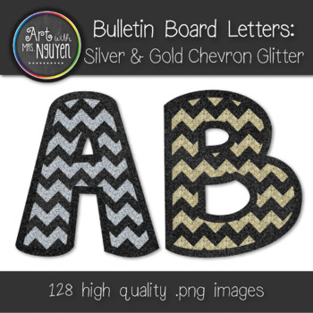 bulletin board letters gold and silver glitter chevron classroom decor