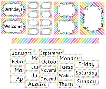 Preview of Bulletin Board Set - banners, name tags, months, days- flash cards- pastel theme