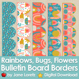 Bulletin board borders, rainbows, flowers, bugs, mushrooms