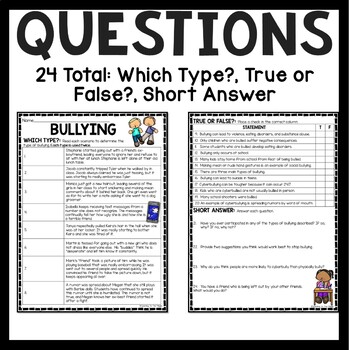 Bullying Reading Comprehension Worksheet for Upper Elementary or Middle