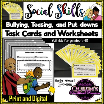 Preview of Social Skills - Bullying, Teasing, Put-downs Scenario Task Cards and Worksheets