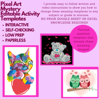 Preview of Bundle (3) Mystery Valentine Pixel Art LOW PREP EDITABLE Pixel Art Templates