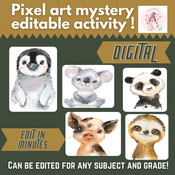Preview of Bundle (5) Mystery Baby Animals Pixel Art LOW PREP EDITABLE Pixel Art Templates