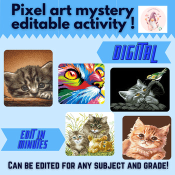 Preview of Bundle (5) Mystery Cats Pixel Art LOW PREP EDITABLE Pixel Art Templates