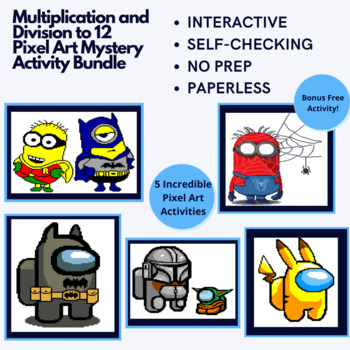 Preview of Bundle (5) Mystery Digital Pixel Art NO PREP Multiplication and Division to 12