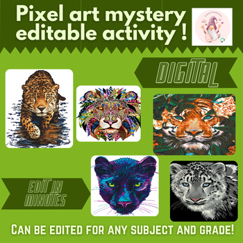 Preview of Bundle (5) Mystery Wild Cats Pixel Art LOW PREP EDITABLE Pixel Art Templates