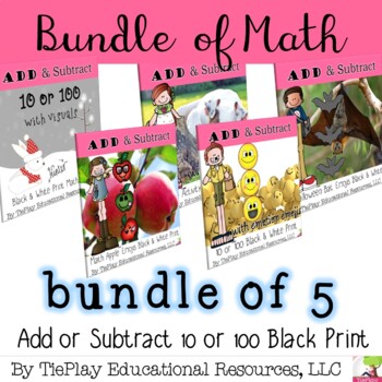 Preview of Bundle Add or Subtract 10 or 100 Primary Math Activities Black and White Print