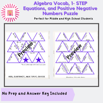 Preview of Bundle Algebra Vocab, Positive Negative Numbers, and 1 Step Equation Puzzle