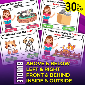 Preview of Bundle " Basic Spatial Concepts ", Positions Task Cards and worksheet Opposite