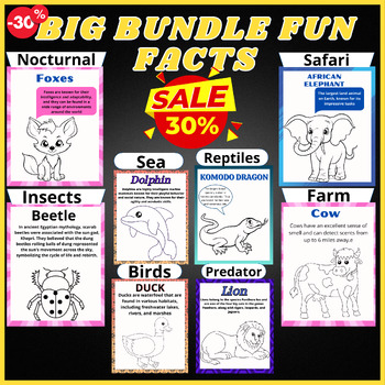Preview of Bundle,Birds,Insects,Farm,Sea,Nocturnal,Reptiles,Safari Coloring Animals Facts