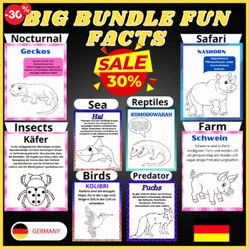 Preview of Bundle,Birds,Insects,Farm,Sea,Nocturnal,Safari Coloring Animals Facts In German