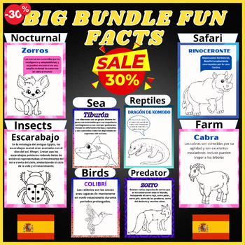 Preview of Bundle,Birds,Insects,Farm,Sea,Nocturnal,Safari Coloring Animals Facts In Spanish