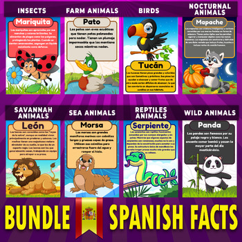 Preview of Bundle Birds,bugs,Wild,Farm,Sea,Nocturnal,Reptile & Safari Animals Spanish Facts
