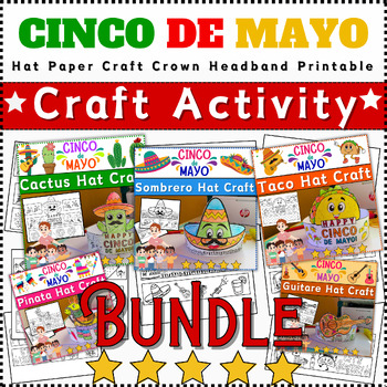 Preview of Bundle Cinco de Mayo Craft Hat Headband: Taco~Sombrero~Pinata~Cactus~Guitare