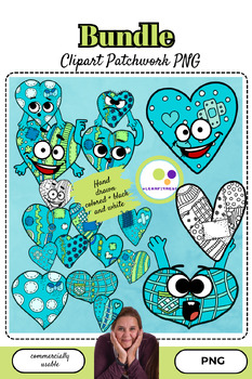 Preview of Bundle: Cliparts hearts | Patchwork style | commercial use | colored + bw