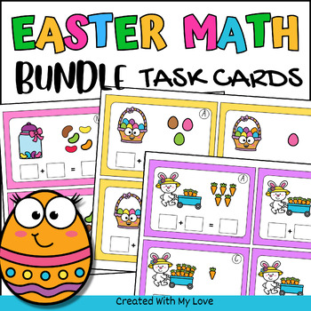 Preview of Bundle Easter Math Addition To 10 Task Cards, Solve The Room Morning Work