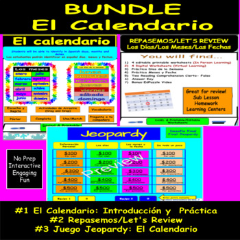 Preview of Bundle: El Calendario Spanish 1 Digital and Printable Worksheets/Jeopardy game