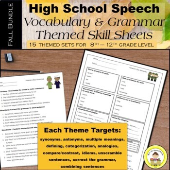 Preview of FALL High School Speech Therapy Vocabulary and Grammar Skill Sheets Bundle