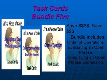 Preview of Bundle Five Task Cards: Order of Ops, Eval an Open Phrase, Simplifying Express.