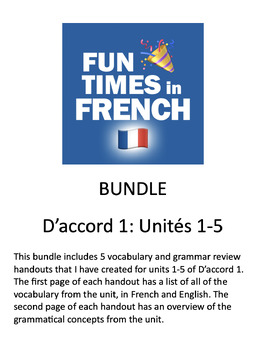 Preview of Bundle: French D'accord 1 Unités 1-5 vocab and grammar review handouts